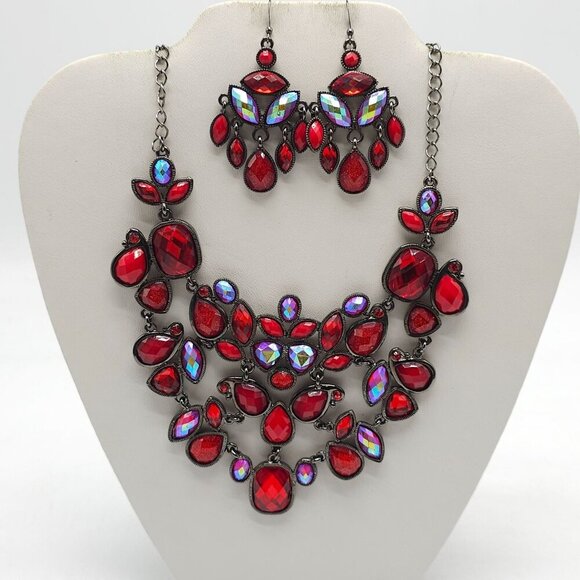 Red Acrylic Rhinestone Statement Necklace Earrings Set Iridescent Accents - Picture 1 of 7